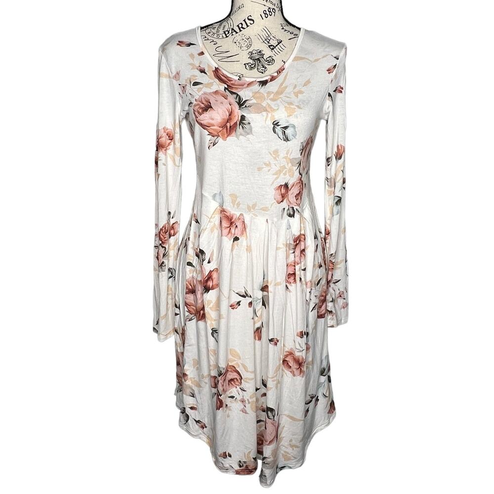 Pink Lily (M) White Pink Floral Long Sleeve Scoop Round Neck Fit Flare Dress